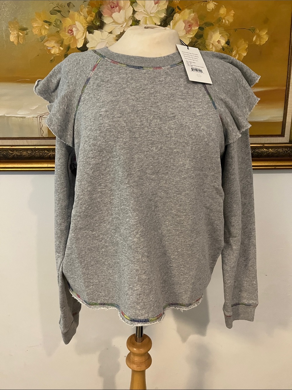 Something Navy Light Gray Ruffle-Shoulder Sweatshirt with Subtle Trim